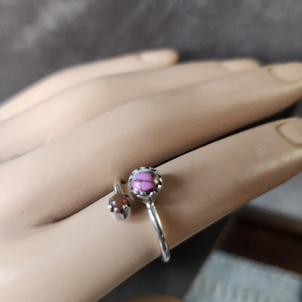 Dainty Sterling Silver Pink Cotton Candy Turuoise + Peach Moonstone Ring - Thumbnail 2