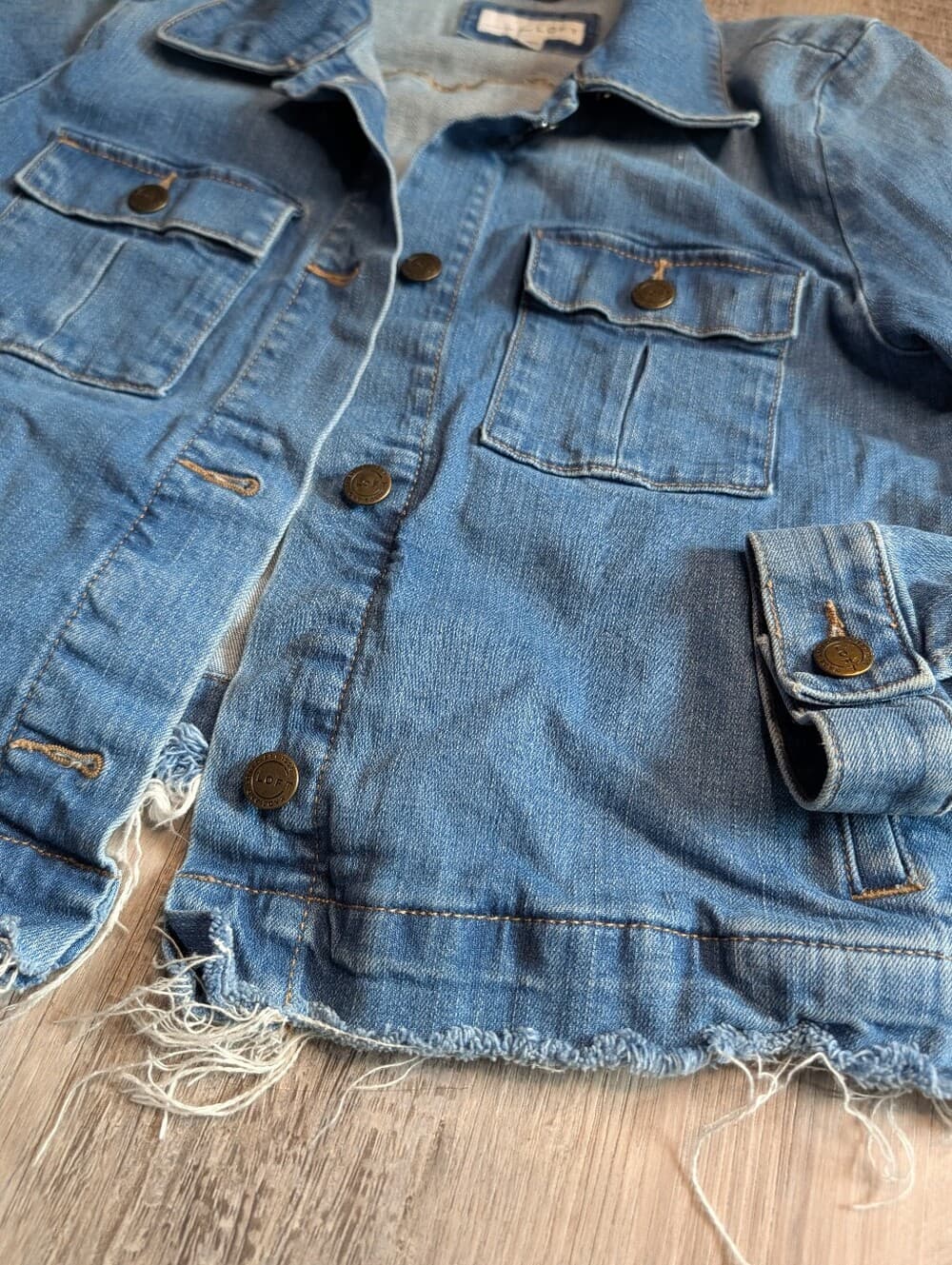 LOFT Blue Distressed Raw Hem Cropped Denim Jacket - Thumbnail 3