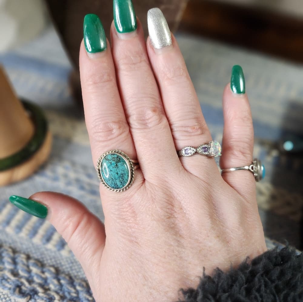 New - Navajo Signed Kingman Spiderweb Turquoise + Sterling Silver Ring - Thumbnail 3