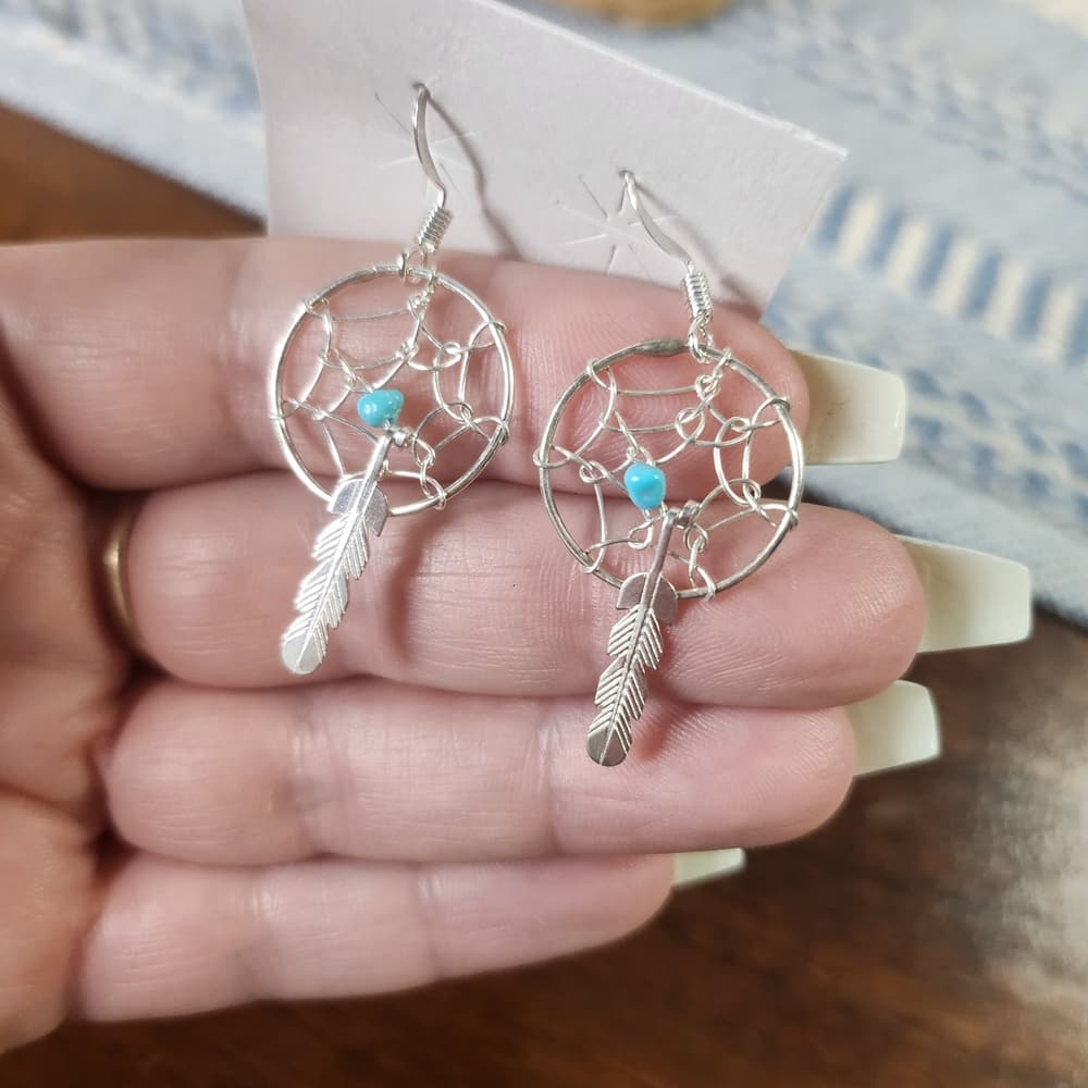 Navajo Handmade Sterling Silver Dreamcatcher Earrings with Turquoise | 925 - Thumbnail 4