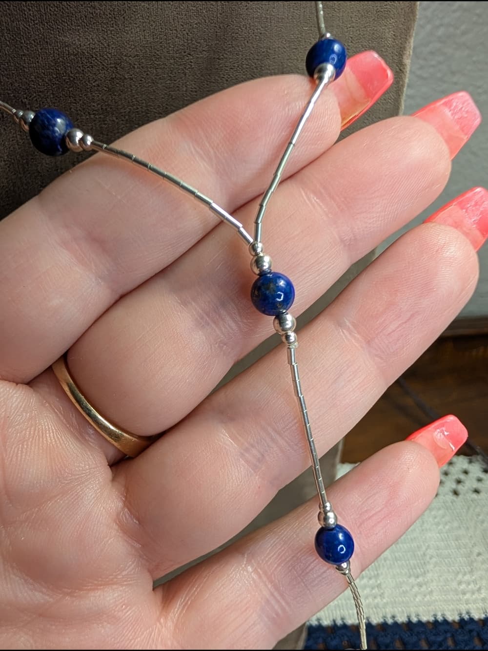 Lapis Lazuli Liquid Silver Necklace Sterling Southwestern Boho Chic - Thumbnail 3