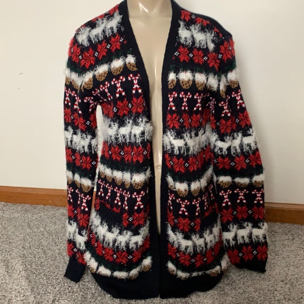 Women's Festive Holiday Sweater With Riendeer Cookies Candy Canes Shaggy Accents - Thumbnail 9