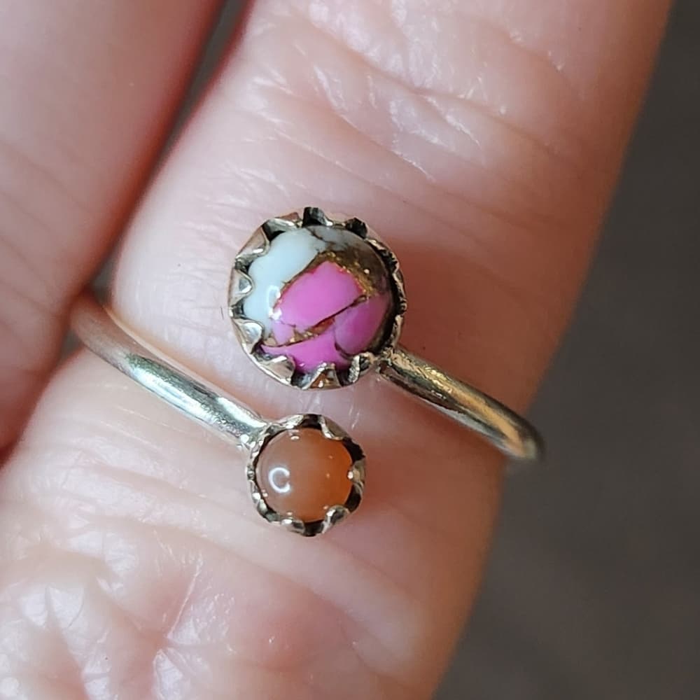 Dainty Sterling Silver Pink Cotton Candy Turuoise + Peach Moonstone Ring - Thumbnail 8