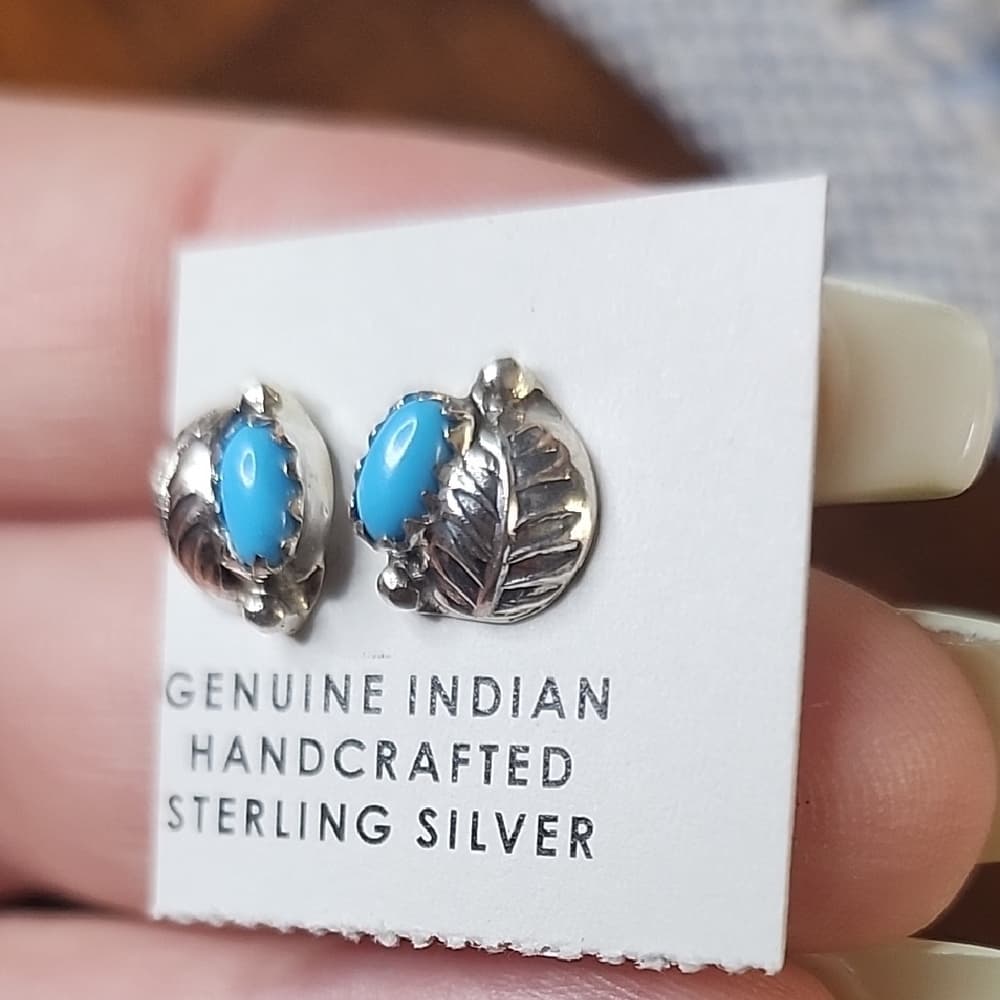 Navajo Handmade Sterling Silver Turquoise Stud Earrings Floral Southwestern - Thumbnail 2