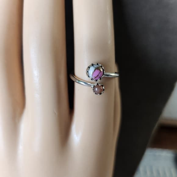 Dainty Sterling Silver Pink Cotton Candy Turuoise + Peach Moonstone Ring - Thumbnail 12