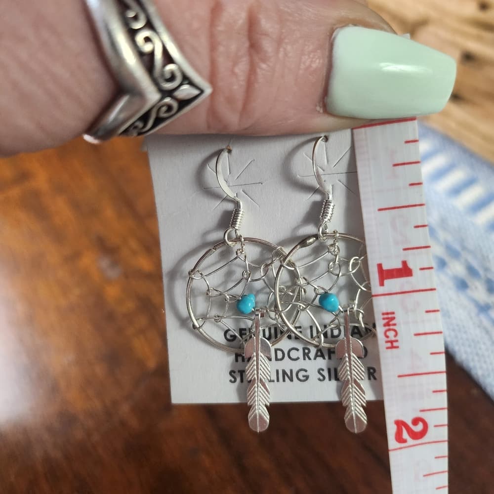 Navajo Handmade Sterling Silver Dreamcatcher Earrings with Turquoise | 925 - Thumbnail 7