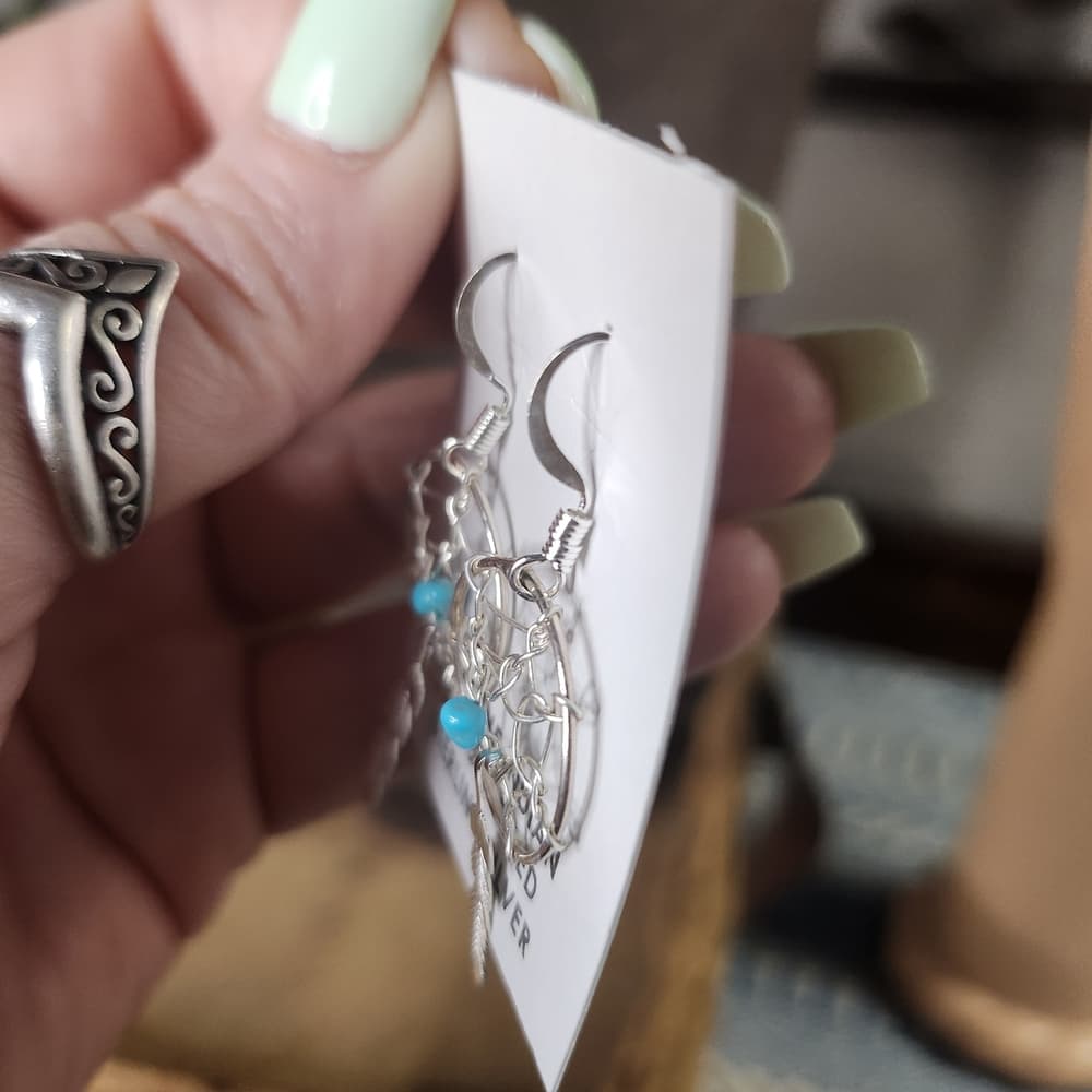 Navajo Handmade Sterling Silver Dreamcatcher Earrings with Turquoise | 925 - Thumbnail 3