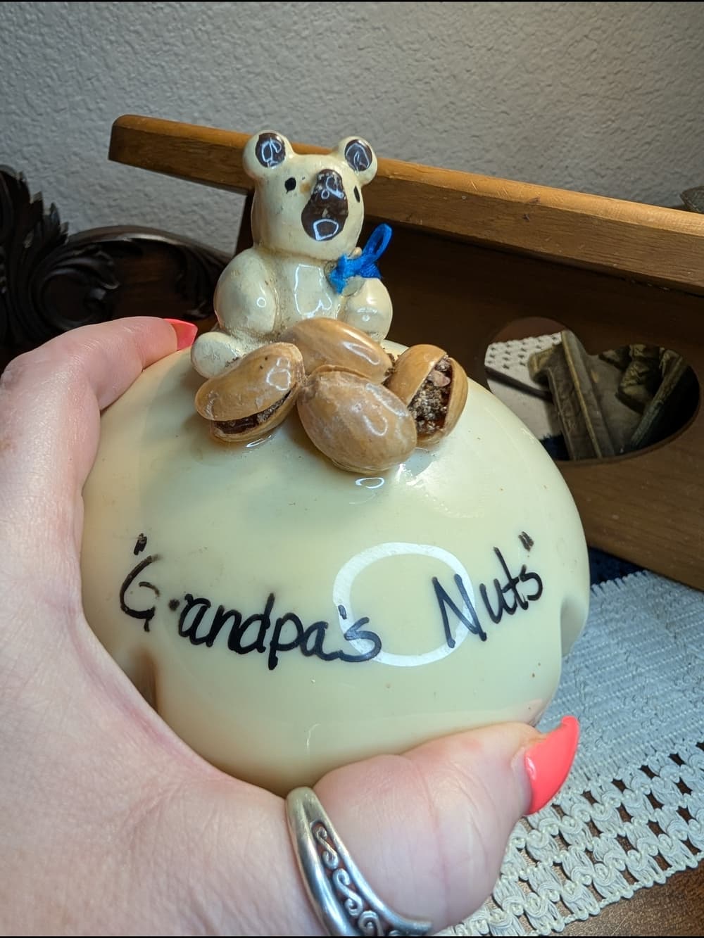 Vintage Grandpa's Nuts Bear Nut Topped Glass Jar with Bear Accent Funny Handmade - Thumbnail 4