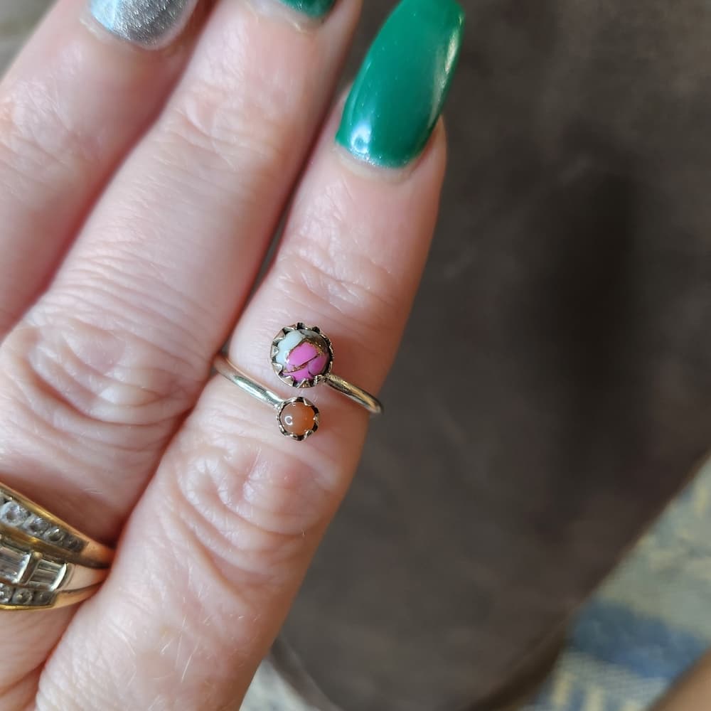 Dainty Sterling Silver Pink Cotton Candy Turuoise + Peach Moonstone Ring - Thumbnail 5