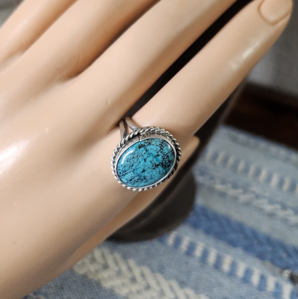 New - Navajo Signed Kingman Spiderweb Turquoise + Sterling Silver Ring