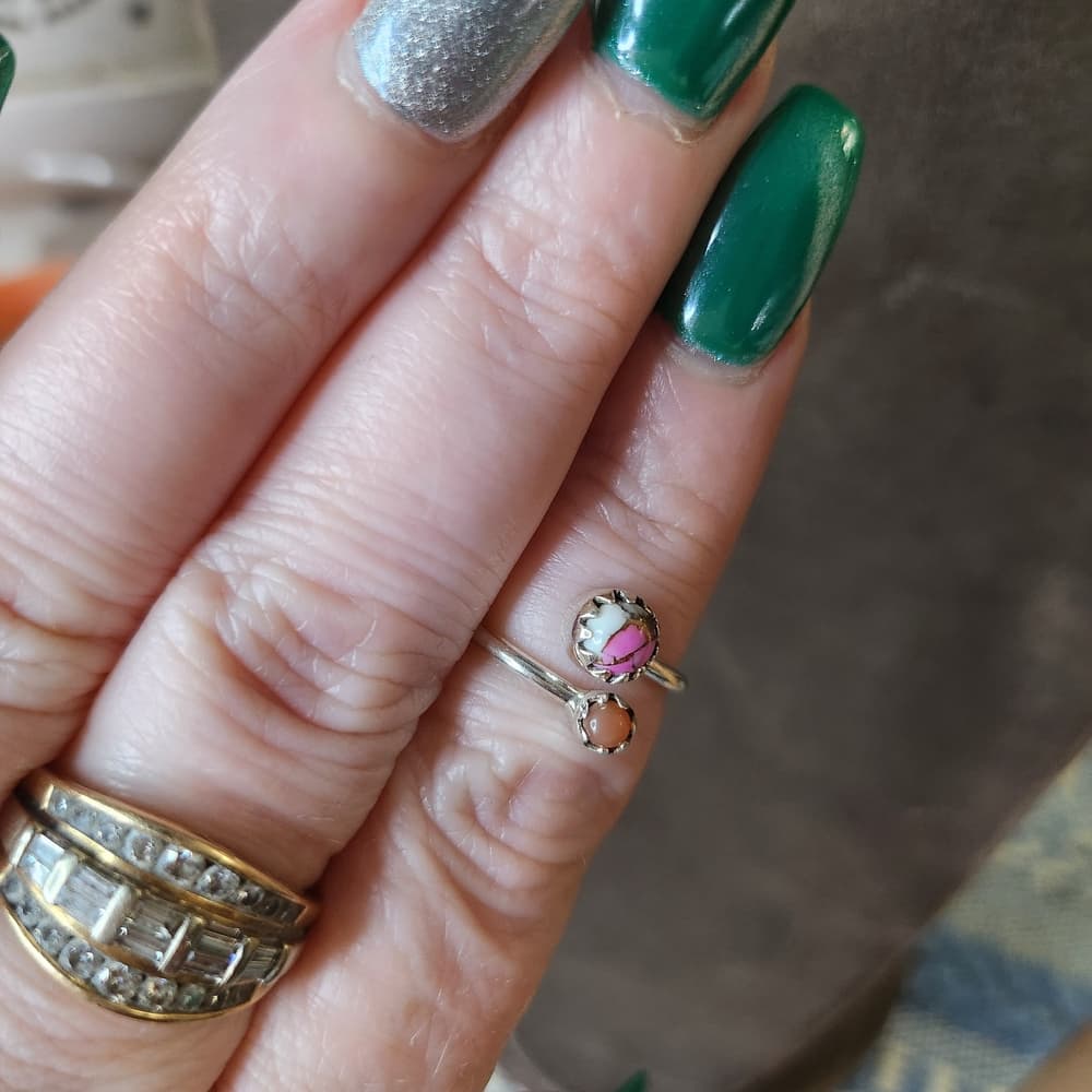 Dainty Sterling Silver Pink Cotton Candy Turuoise + Peach Moonstone Ring - Thumbnail 6