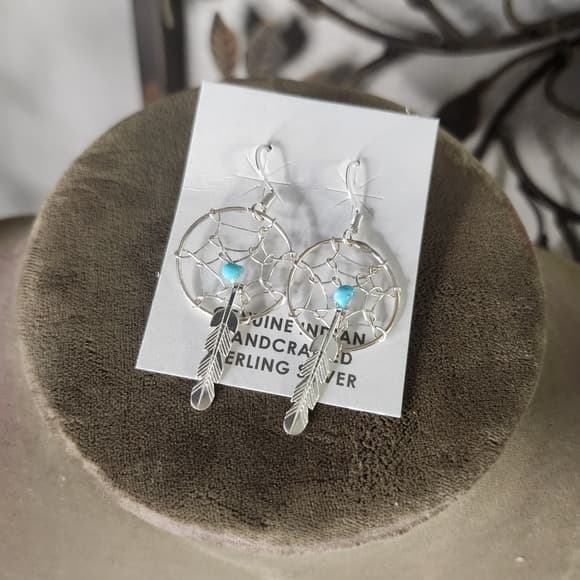 Navajo Handmade Sterling Silver Dreamcatcher Earrings with Turquoise | 925 - Thumbnail 9
