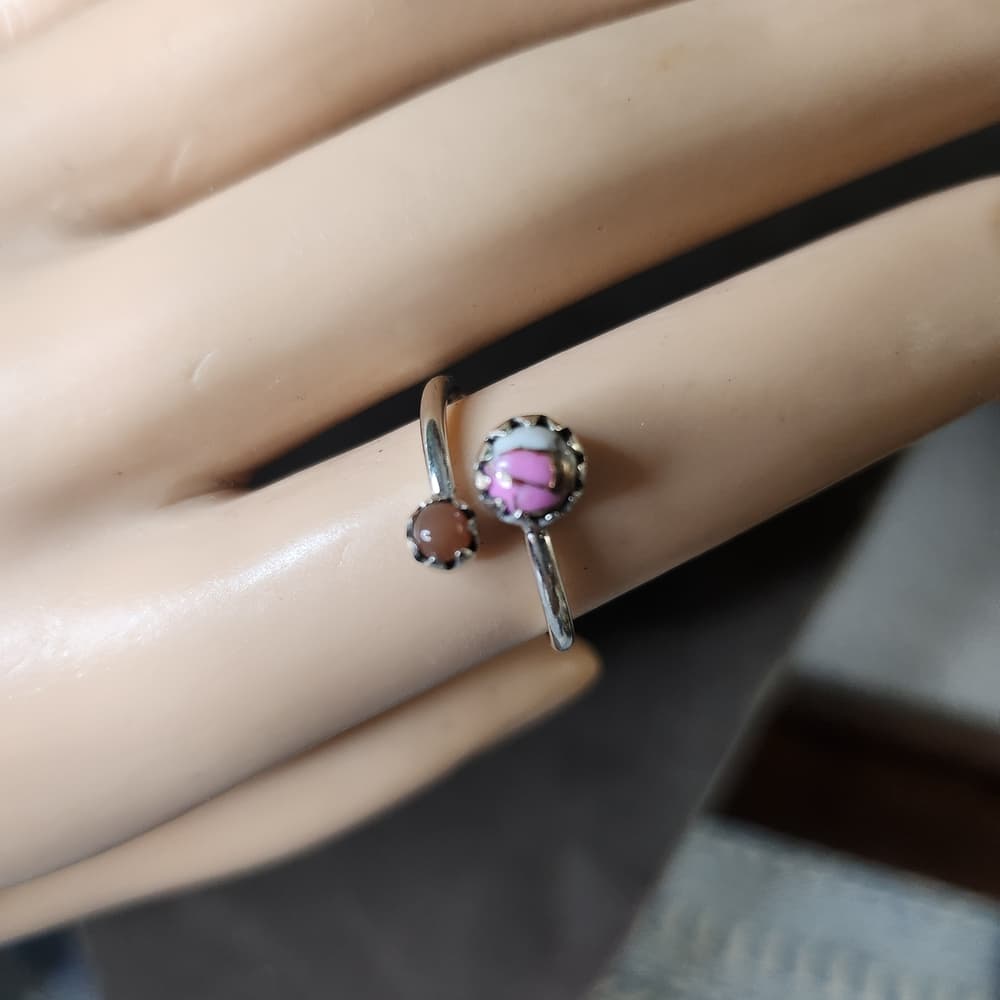 Dainty Sterling Silver Pink Cotton Candy Turuoise + Peach Moonstone Ring - Thumbnail 4