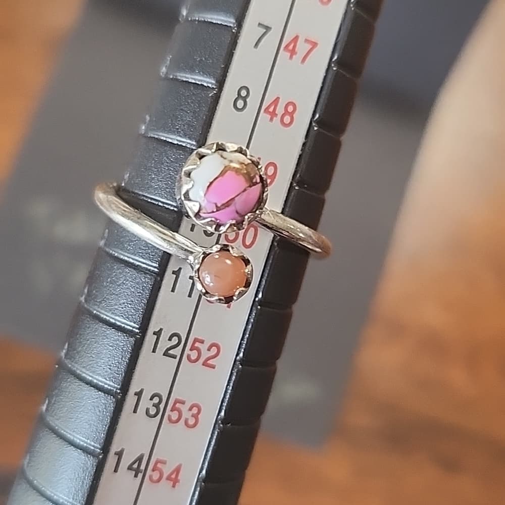 Dainty Sterling Silver Pink Cotton Candy Turuoise + Peach Moonstone Ring - Thumbnail 9