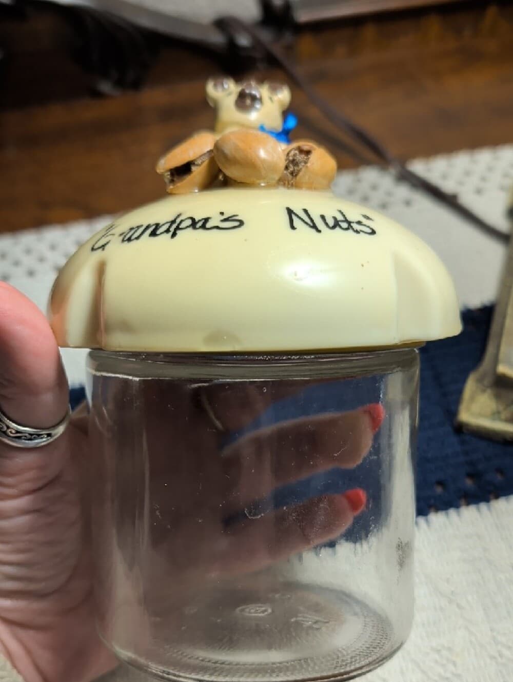 Vintage Grandpa's Nuts Bear Nut Topped Glass Jar with Bear Accent Funny Handmade - Thumbnail 2