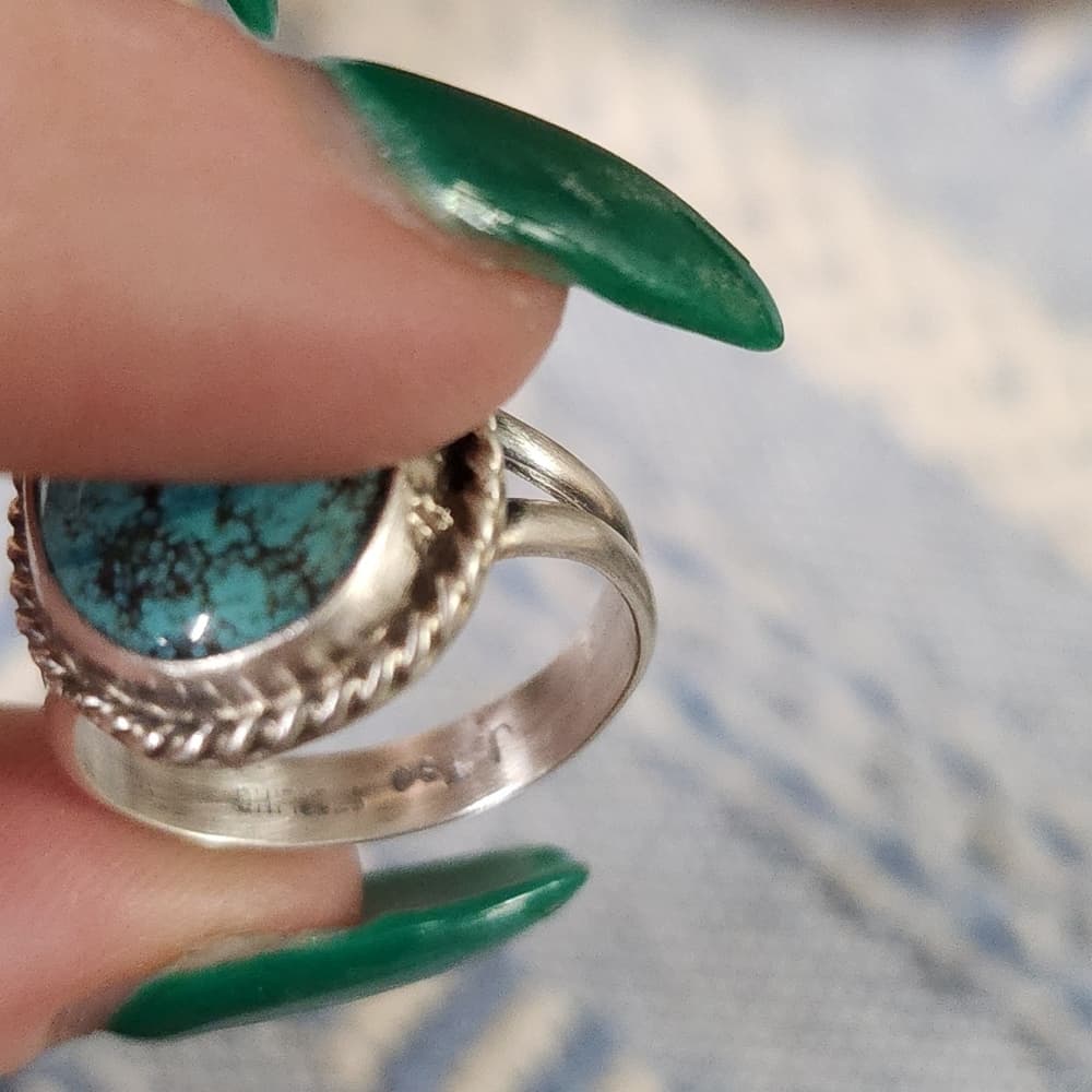 New - Navajo Signed Kingman Spiderweb Turquoise + Sterling Silver Ring - Thumbnail 6