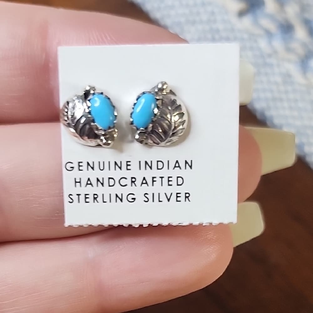 Navajo Handmade Sterling Silver Turquoise Stud Earrings Floral Southwestern - Thumbnail 3