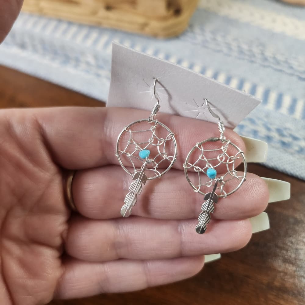Navajo Handmade Sterling Silver Dreamcatcher Earrings with Turquoise | 925 - Thumbnail 5