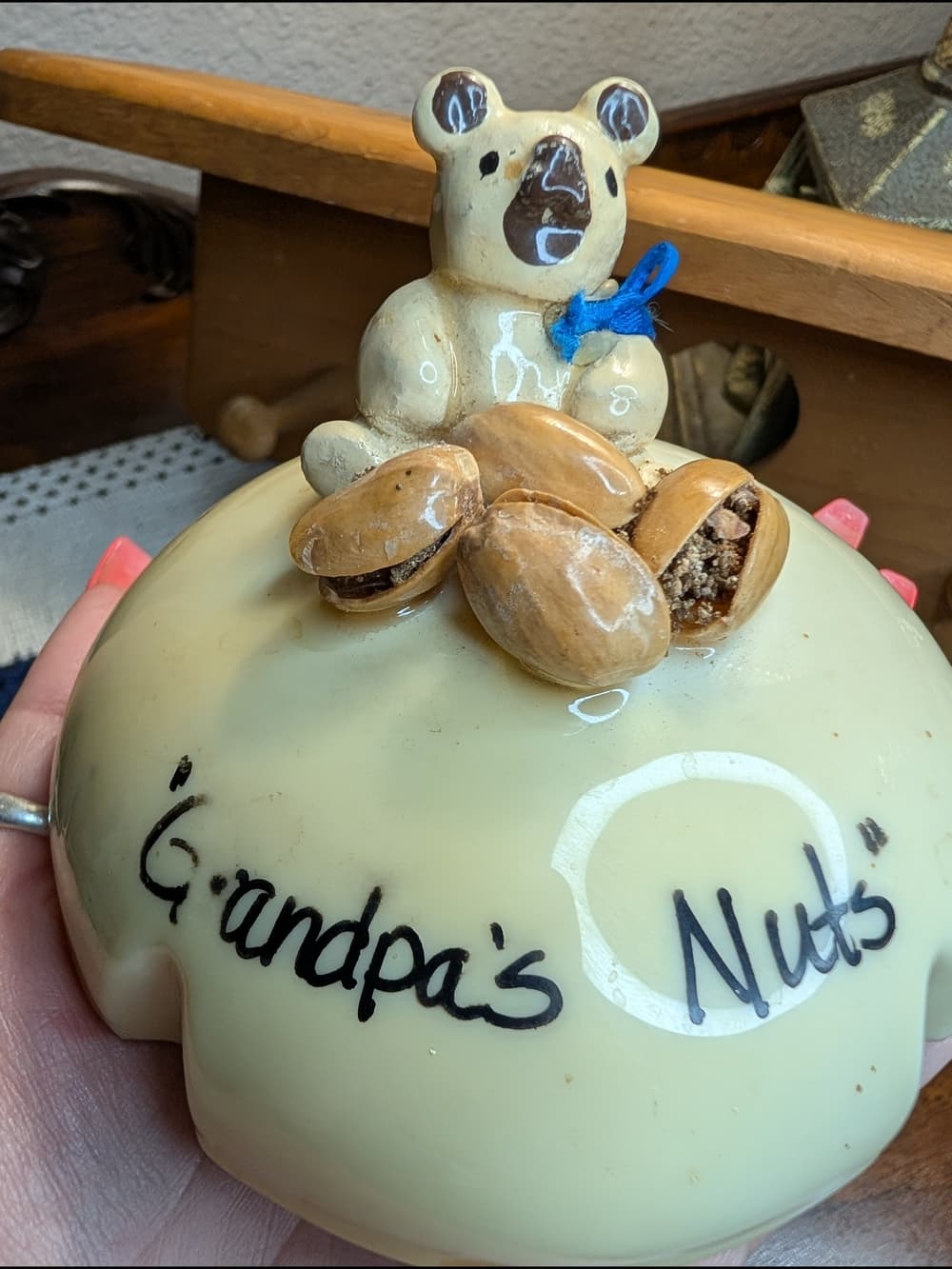 Vintage Grandpa's Nuts Bear Nut Topped Glass Jar with Bear Accent Funny Handmade - Thumbnail 12