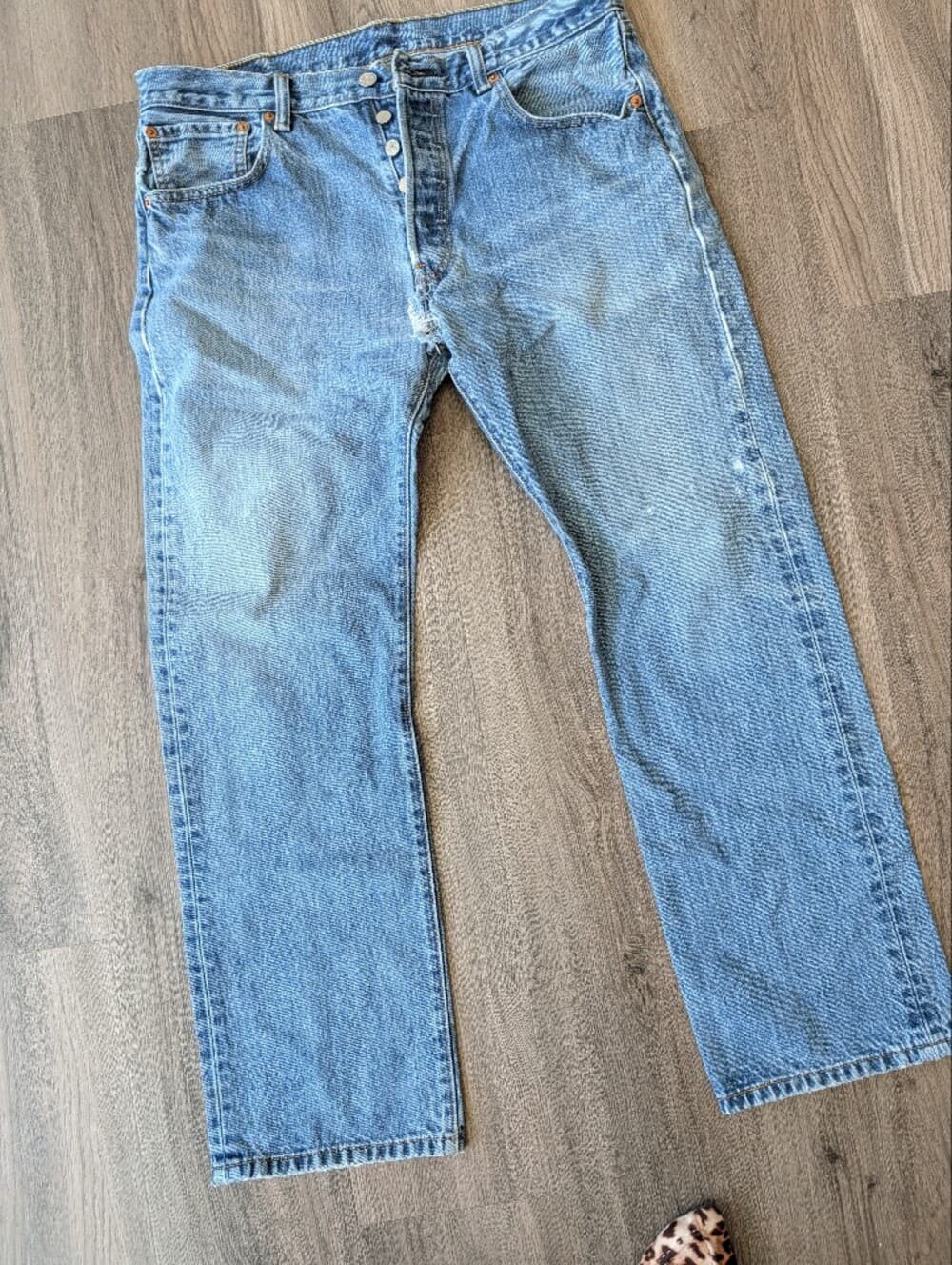 Levi's 501 Light Blue Naturally Distressed Thrashed Denim Jeans Hole In Crotch