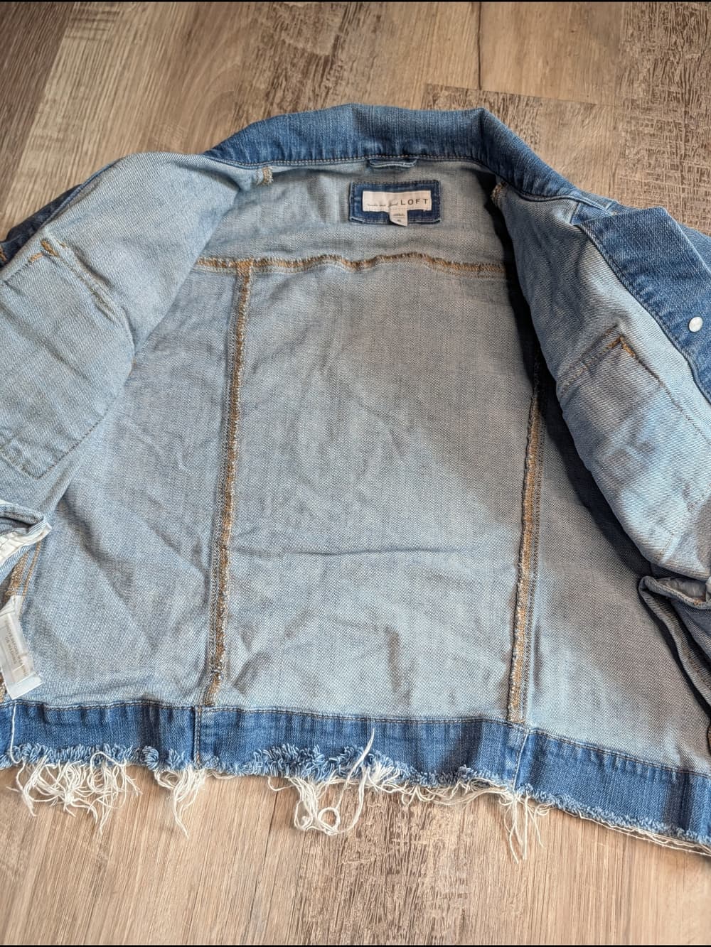 LOFT Blue Distressed Raw Hem Cropped Denim Jacket - Thumbnail 4