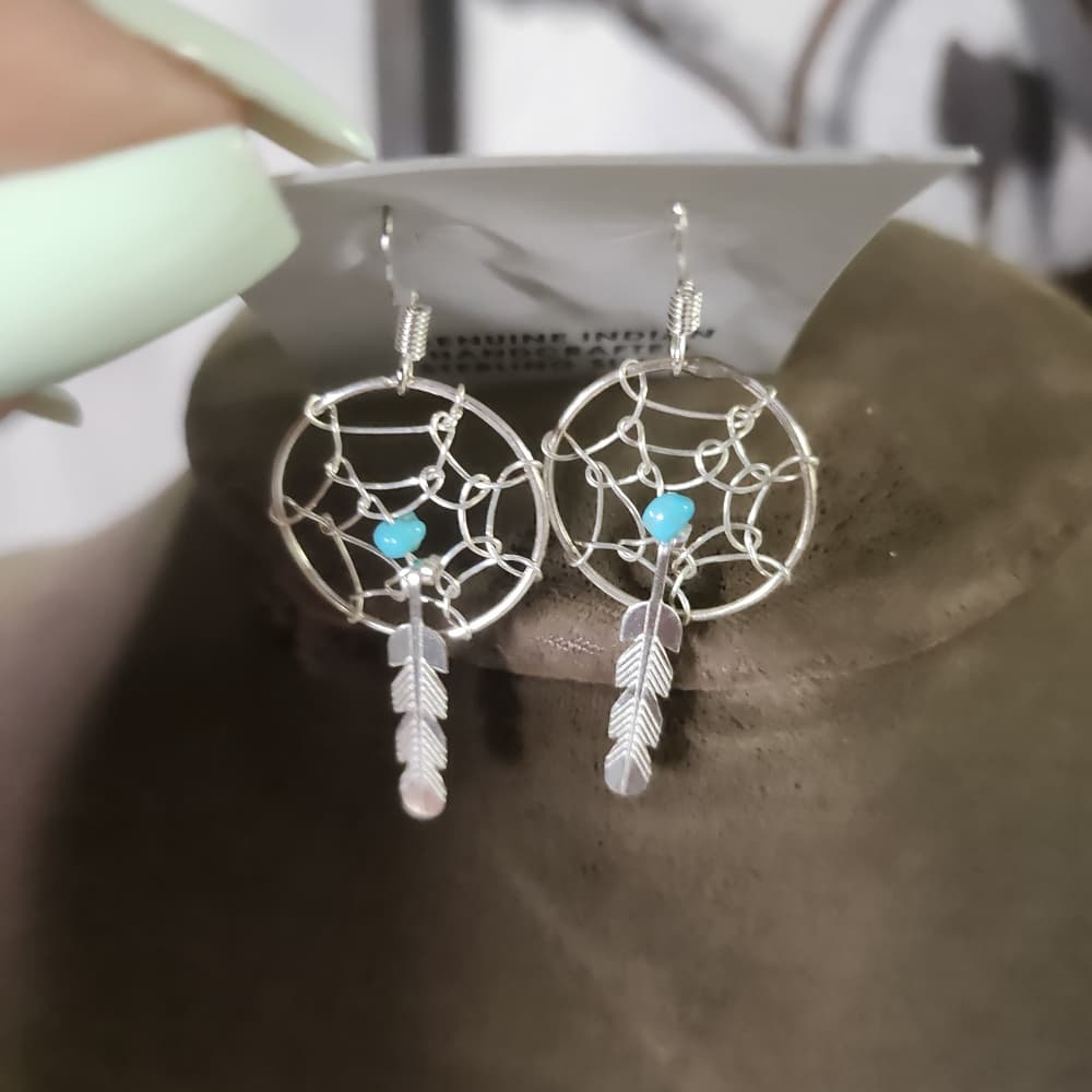 Navajo Handmade Sterling Silver Dreamcatcher Earrings with Turquoise | 925 - Thumbnail 2