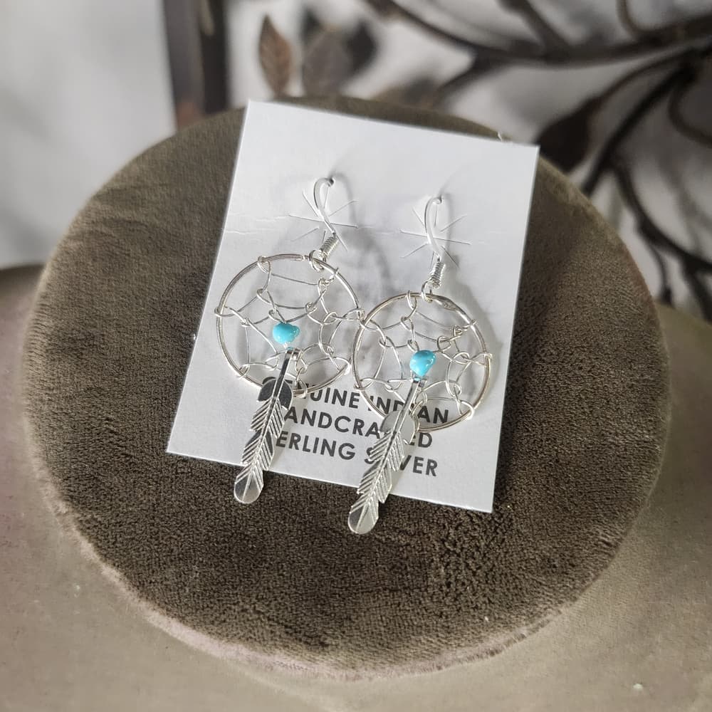 Navajo Handmade Sterling Silver Dreamcatcher Earrings with Turquoise | 925 - Thumbnail 8