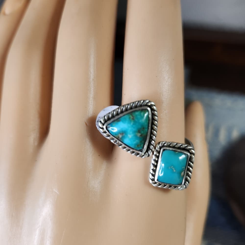 New- Emerald Valley Turquoise Sterling Silver Floater Ring Navajo Style Sz 9 - Thumbnail 2