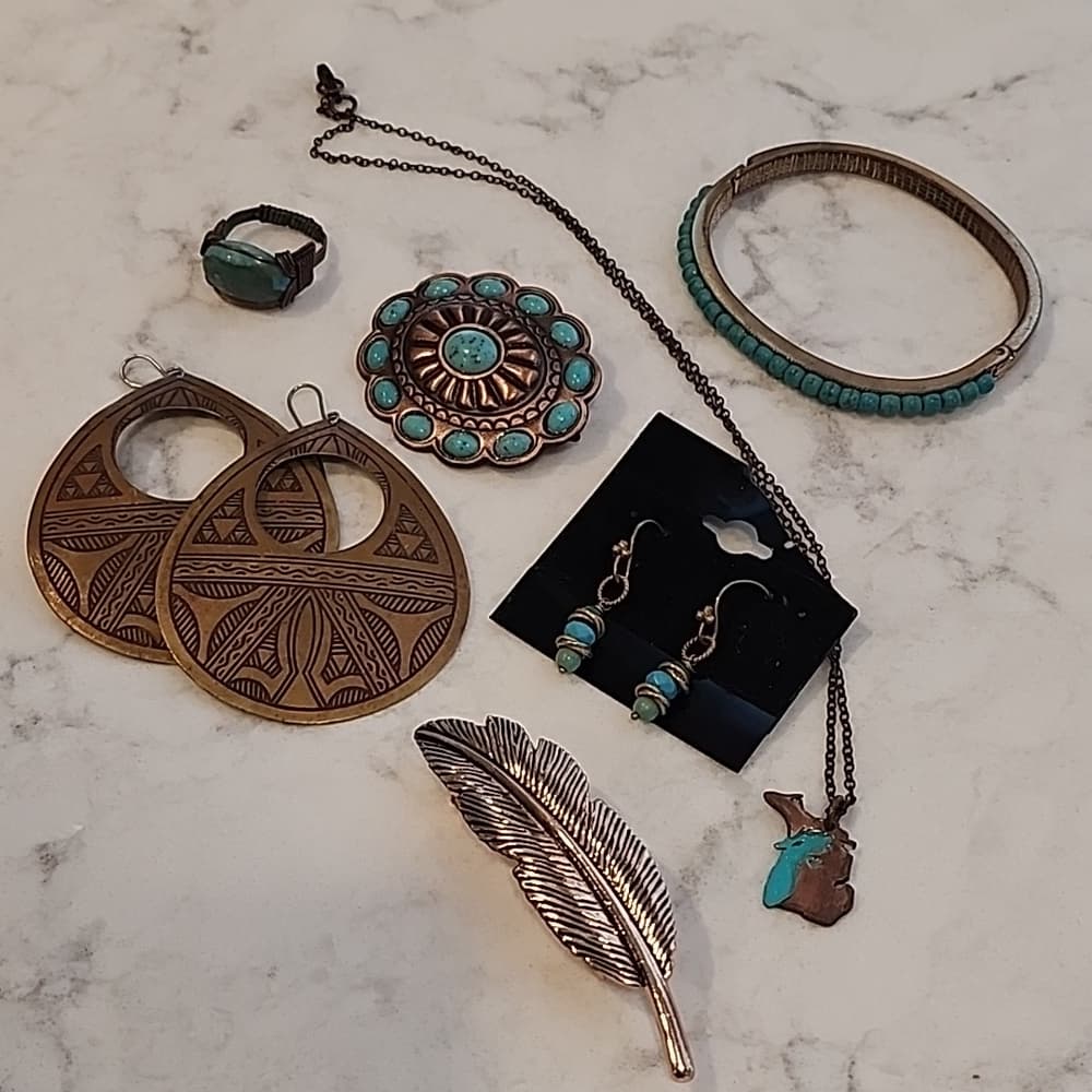 Southwestern Boho Chic Anitiqued Brass + Copper Tone Jewelry Bundle Turquoise - Thumbnail 8