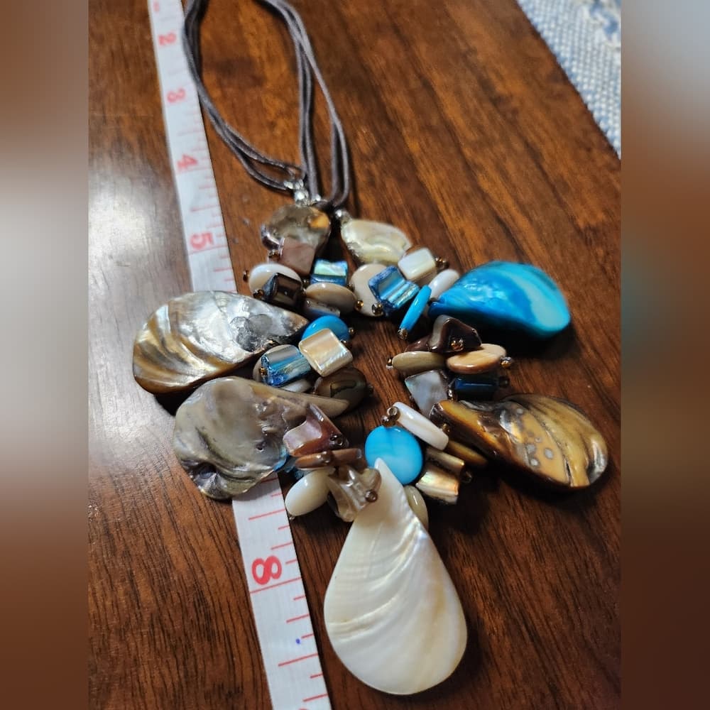 Blue Cream Brown Shell And Black Leather 16" Necklace With Extension - Thumbnail 6