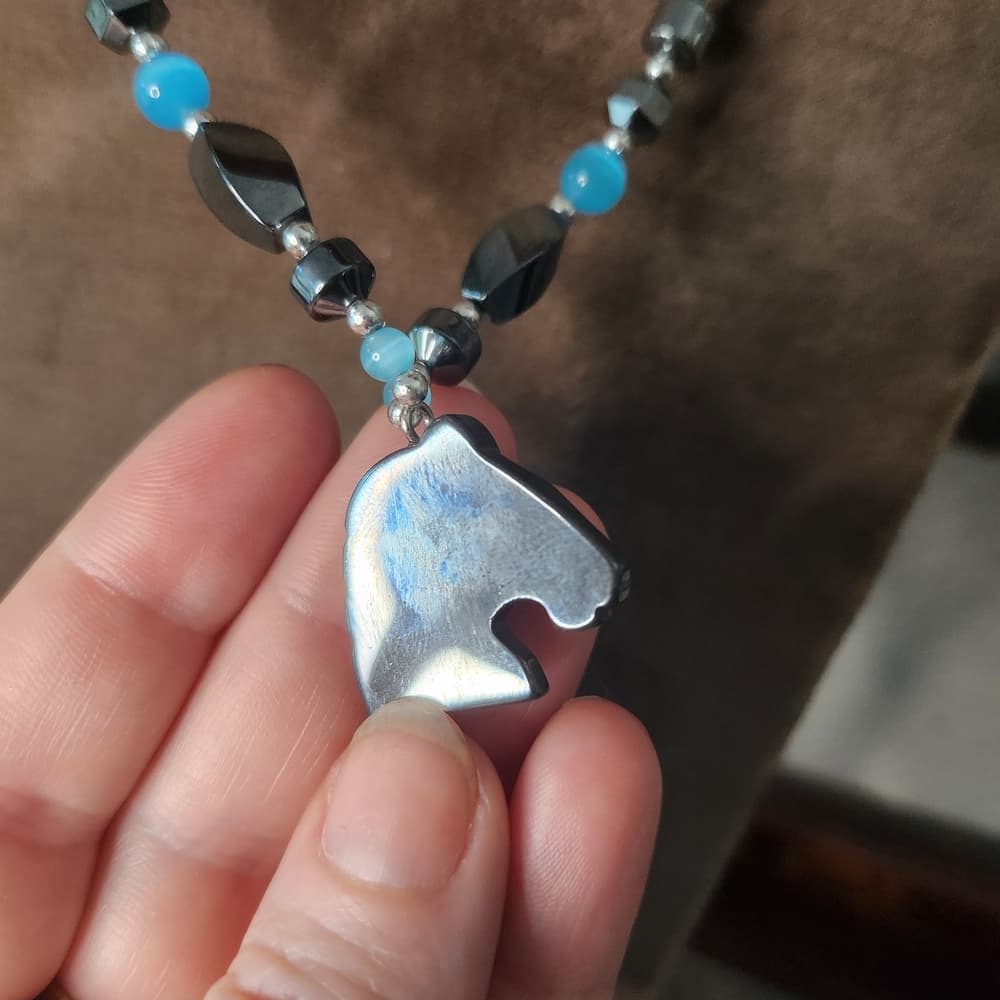 Native Carved Black Hematite Horse Head and Turquiose Blue Beaded Necklace - Thumbnail 3