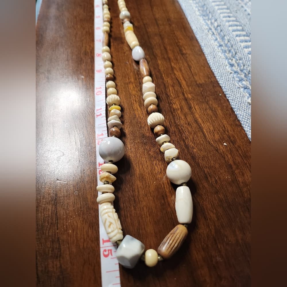 Vintage Carved Bone Shell Wood And Agate Long Chunky Beaded Necklace - Thumbnail 6