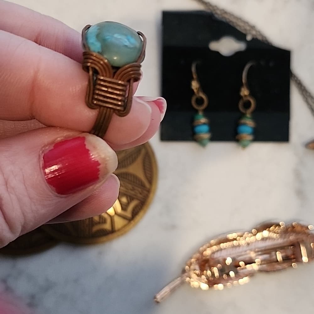 Southwestern Boho Chic Anitiqued Brass + Copper Tone Jewelry Bundle Turquoise - Thumbnail 5