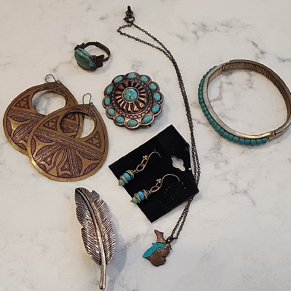 Southwestern Boho Chic Anitiqued Brass + Copper Tone Jewelry Bundle Turquoise