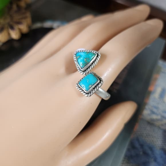 New- Emerald Valley Turquoise Sterling Silver Floater Ring Navajo Style Sz 9 - Thumbnail 11