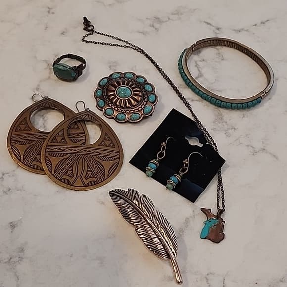 Southwestern Boho Chic Anitiqued Brass + Copper Tone Jewelry Bundle Turquoise - Thumbnail 9