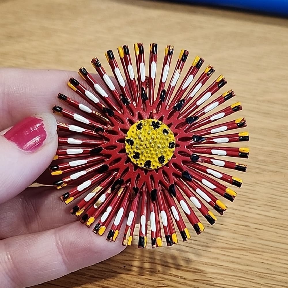 Colorful 1960s Circular Enamel Match Stick Firework Floral Hand Brooch
