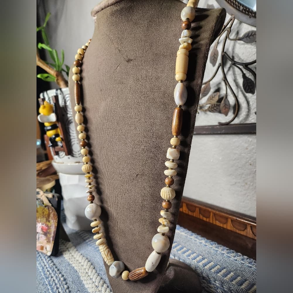 Vintage Carved Bone Shell Wood And Agate Long Chunky Beaded Necklace
