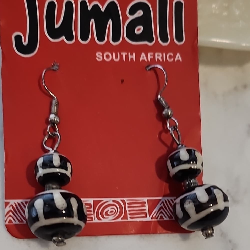Jumali Black and White Hand Painted South African Beaded Tribal Earrings