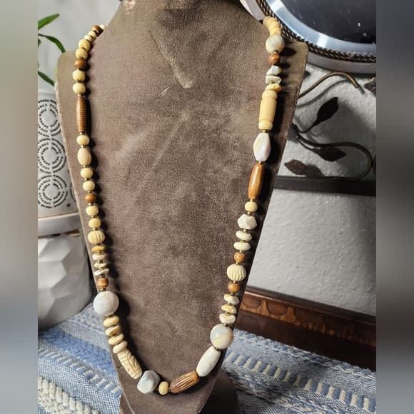 Vintage Carved Bone Shell Wood And Agate Long Chunky Beaded Necklace - Thumbnail 11