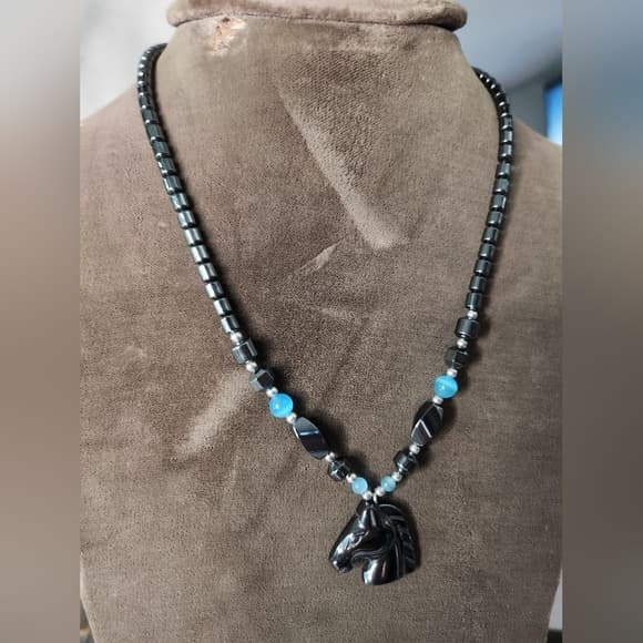 Native Carved Black Hematite Horse Head and Turquiose Blue Beaded Necklace - Thumbnail 8
