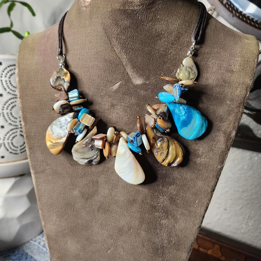 Blue Cream Brown Shell And Black Leather 16" Necklace With Extension - Thumbnail 2