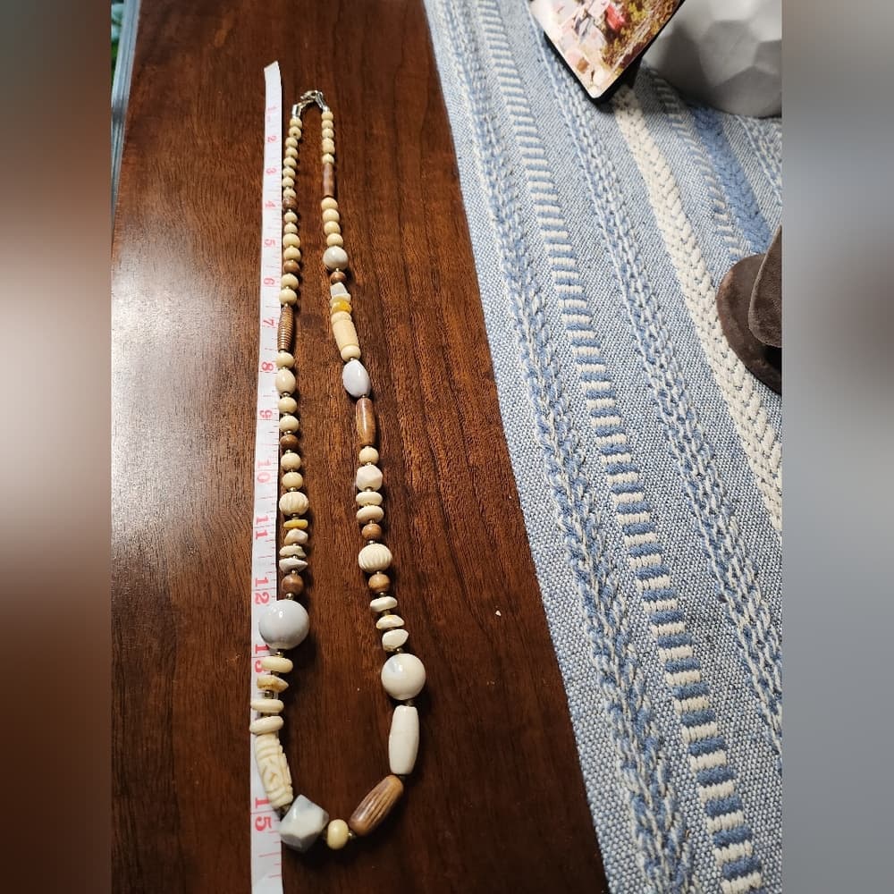 Vintage Carved Bone Shell Wood And Agate Long Chunky Beaded Necklace - Thumbnail 7