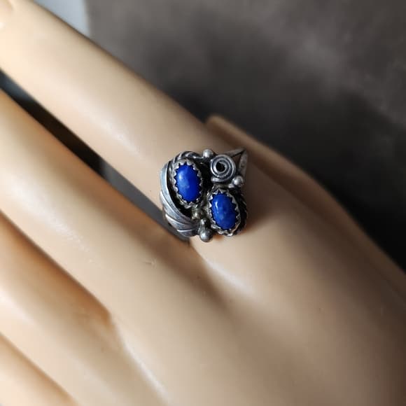 Signed Navajo Sterling Silver And Lapis Lazuli Oval Floral Ring 6.5 - Thumbnail 13