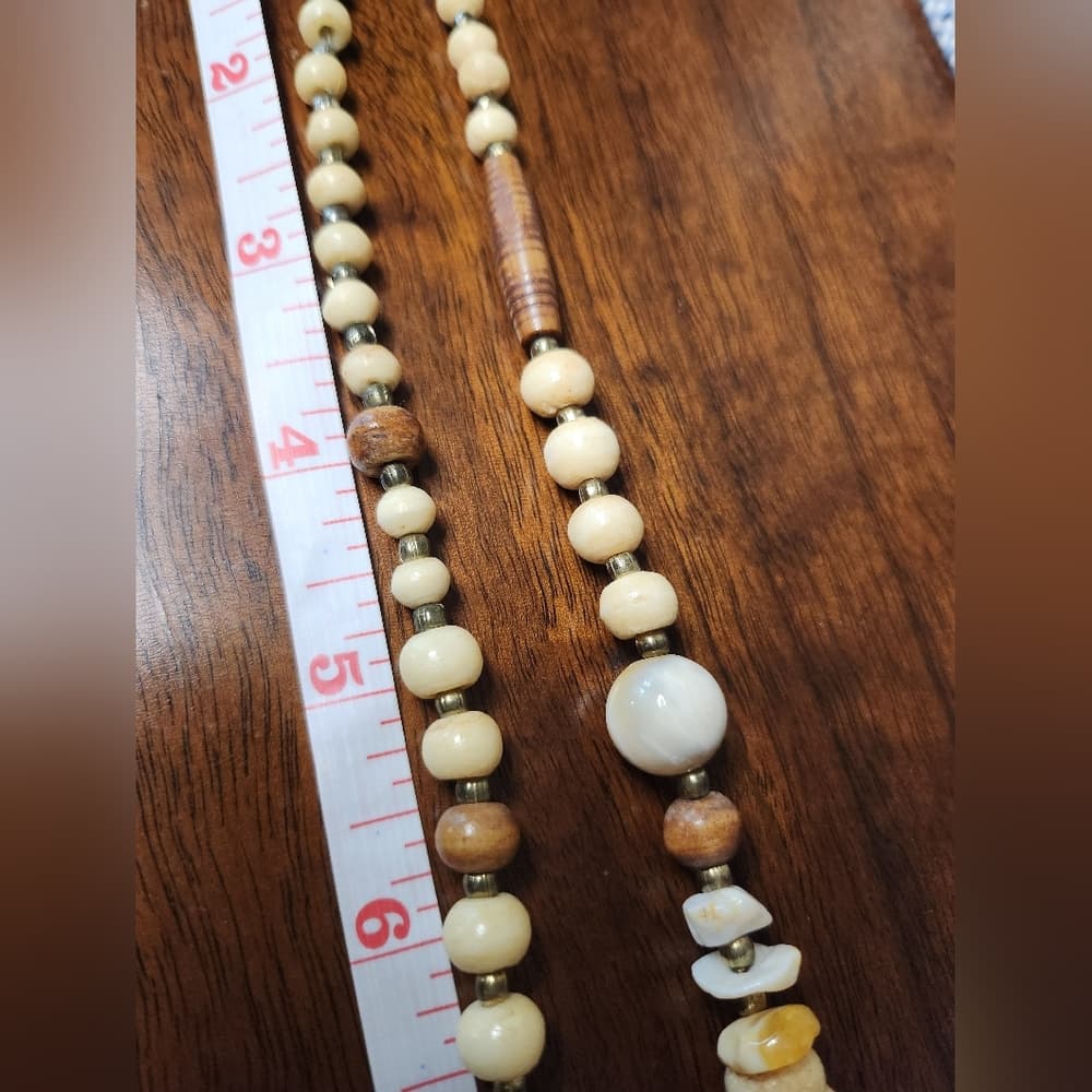 Vintage Carved Bone Shell Wood And Agate Long Chunky Beaded Necklace - Thumbnail 9