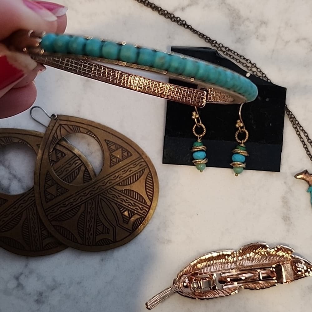 Southwestern Boho Chic Anitiqued Brass + Copper Tone Jewelry Bundle Turquoise - Thumbnail 7