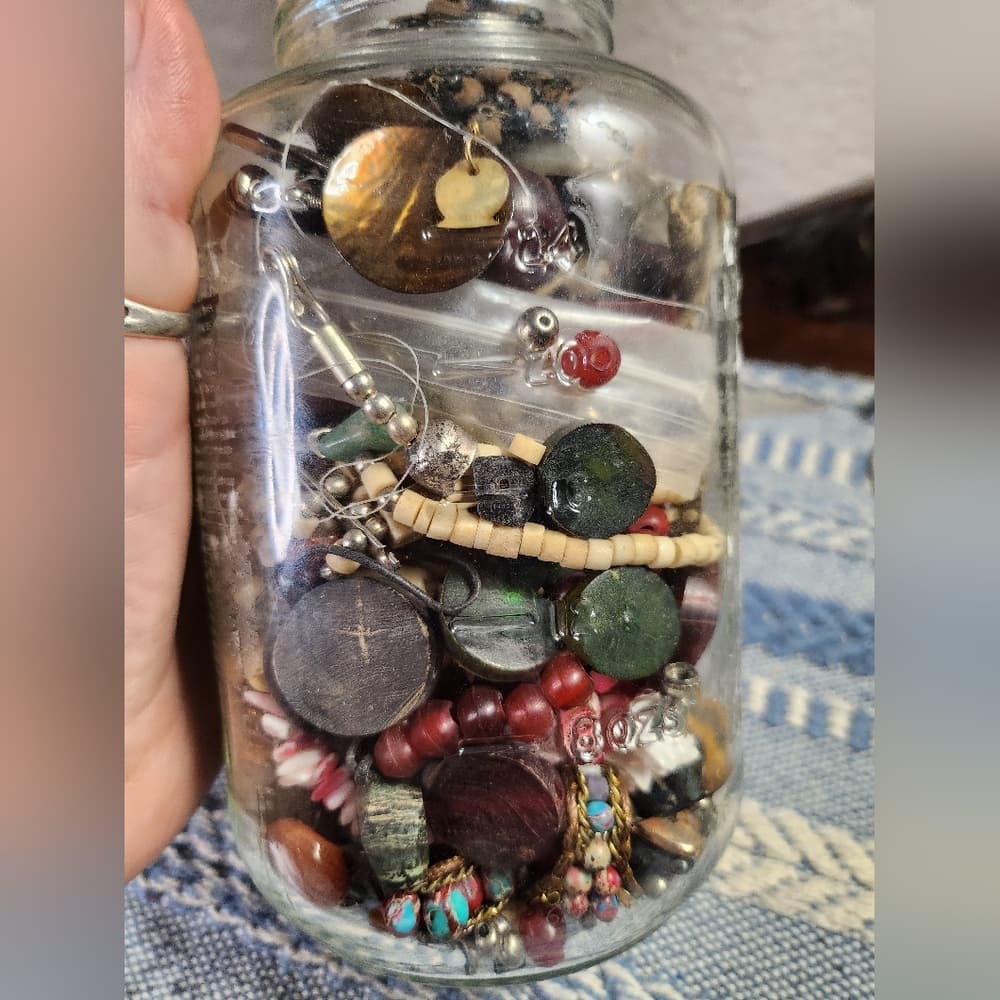 Jar of Mixed Beads Wood Bone Shell And Other Tribal Crafting And Jewelry Making - Thumbnail 2