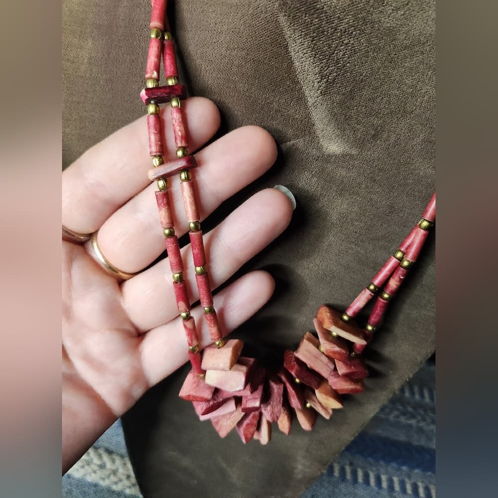 Vintage Southwestern Native Style Red Dyed Bone Chunk Handmade Necklace - Thumbnail 3