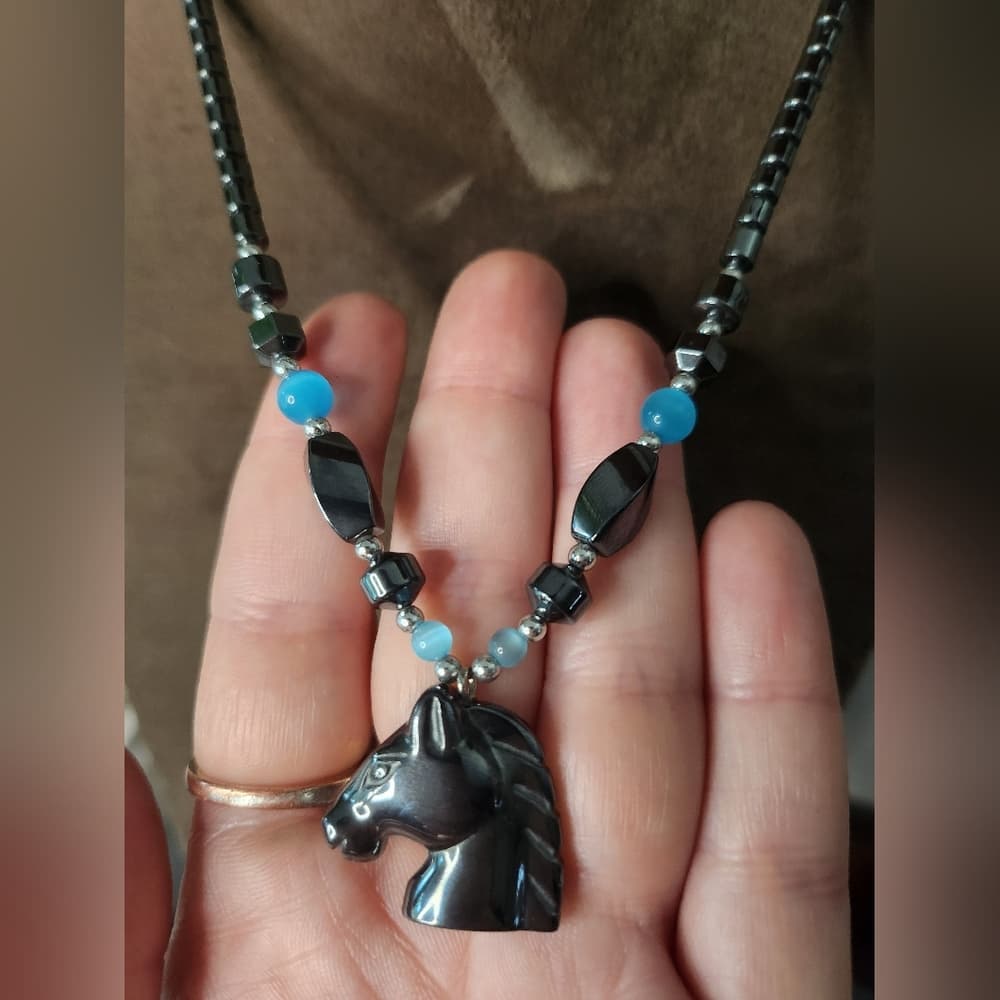 Native Carved Black Hematite Horse Head and Turquiose Blue Beaded Necklace - Thumbnail 2