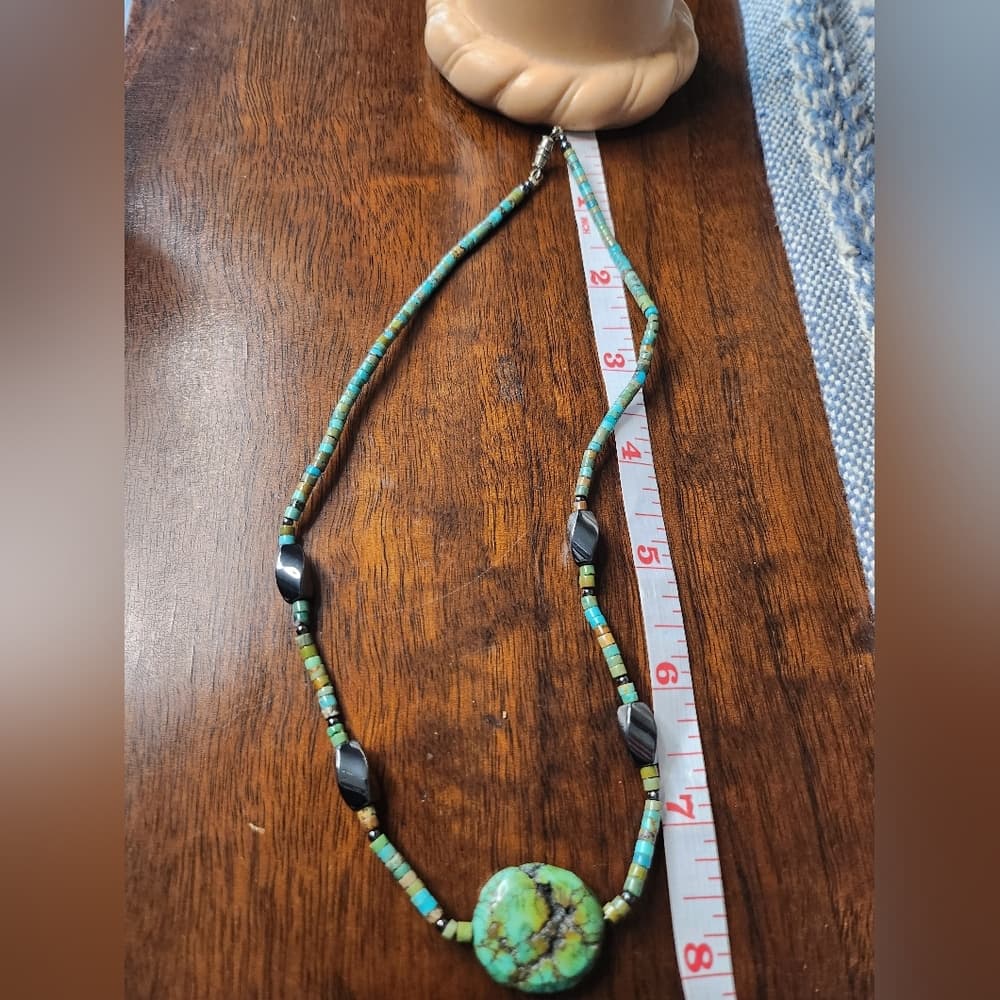 Turquoise Heishi and Black Hematite Beaded Necklace With Round Nugget - Thumbnail 5